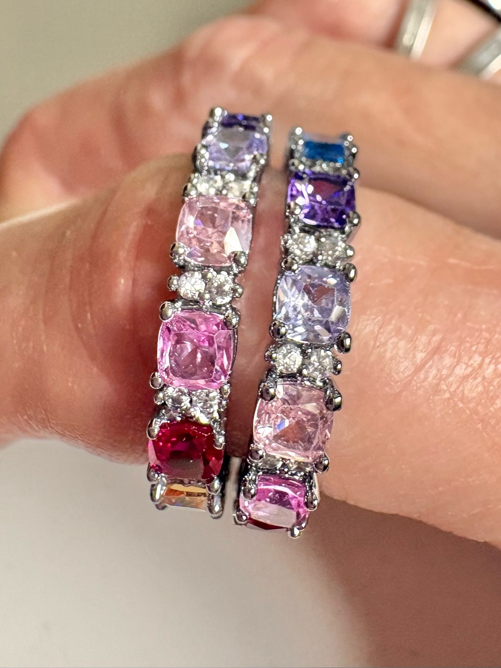 Bomb Party Multi-Color Cushion Gemstone Eternity Rings set of 2 size 8